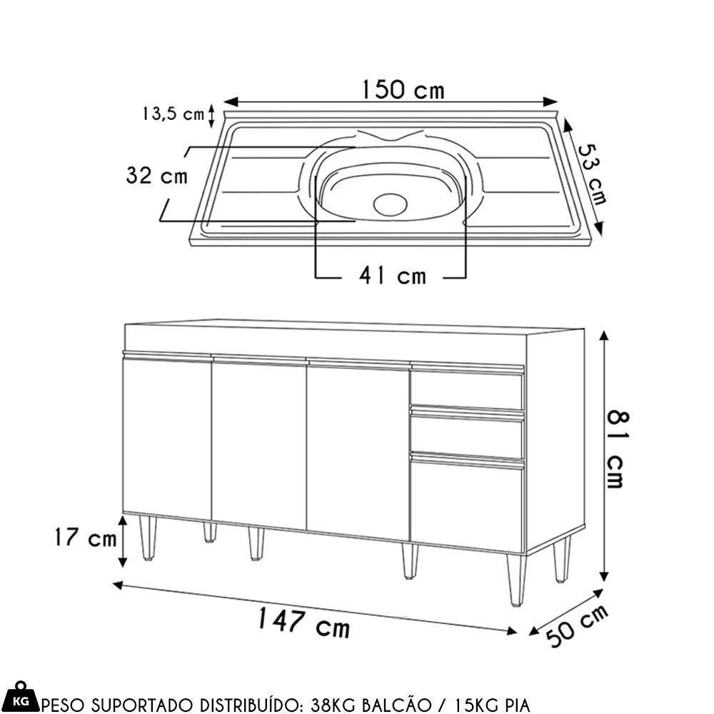 Balcão De Cozinha Com Pia Inox 150cm 4 Portas Marrocos Cinza Claro - Lumil - 4