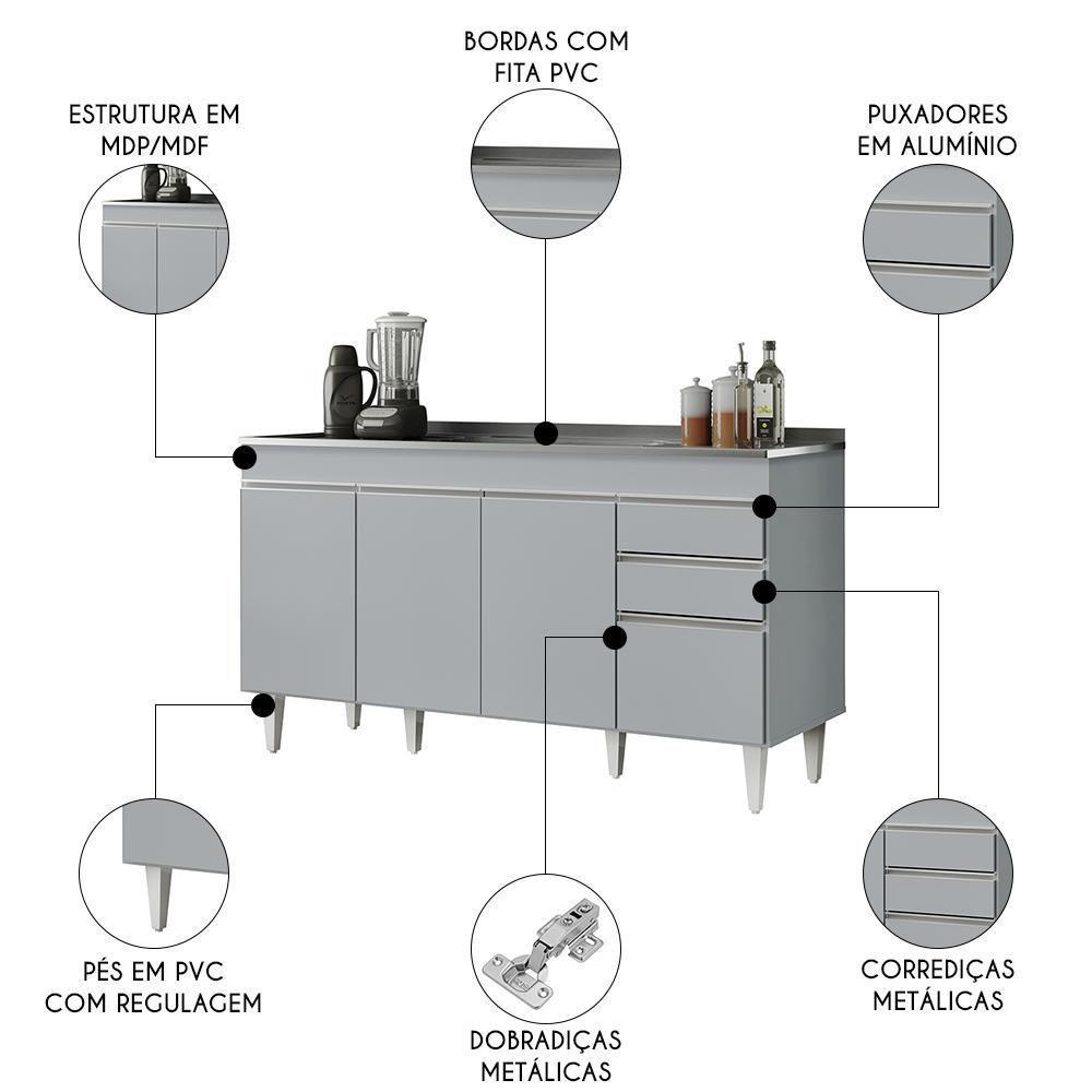 Balcão De Cozinha Com Pia Inox 150cm 4 Portas Marrocos Cinza Claro - Lumil - 7
