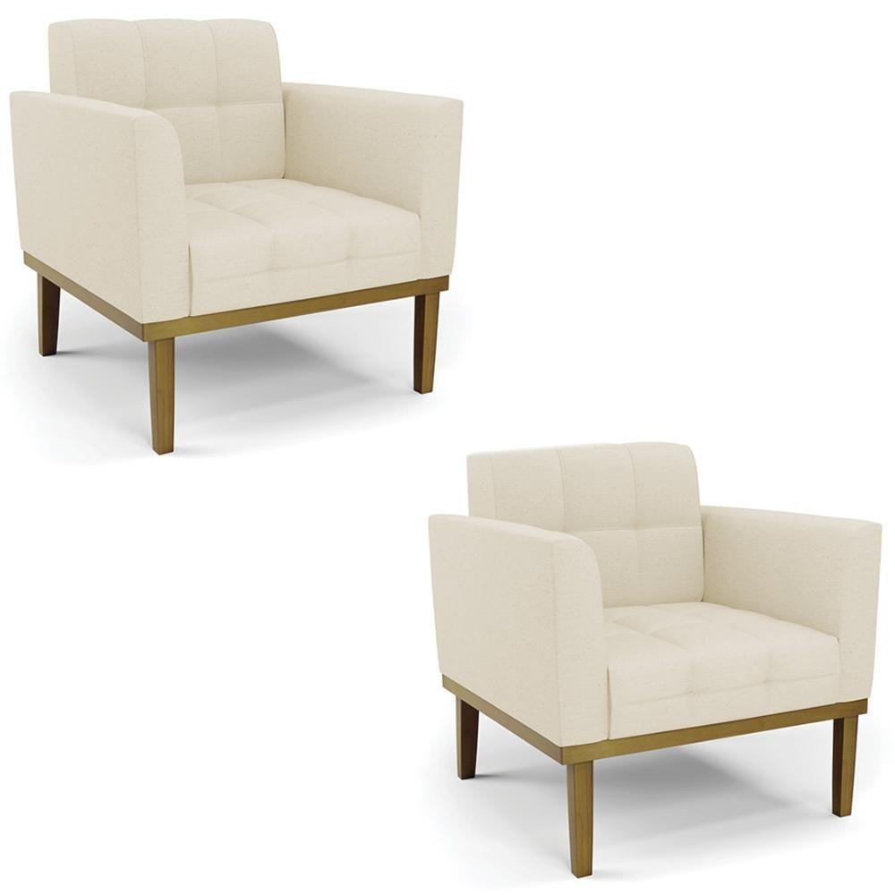 Poltrona Base Madeira Castanho Kit 2 Ana Linho Bege - Ibiza - 1