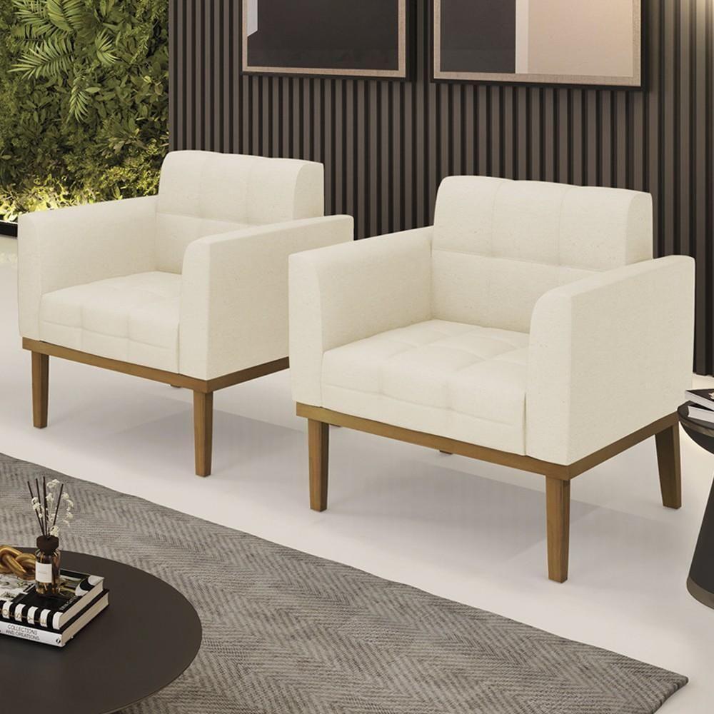 Poltrona Base Madeira Castanho Kit 2 Ana Linho Bege - Ibiza - 5