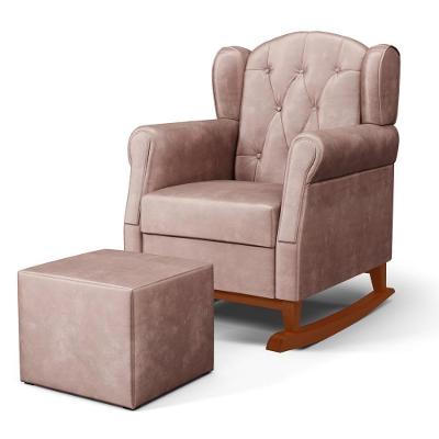 Poltrona Amamentação Base Madeira Balanço E Puff Lucy P04 Veludo Rosê - Mpozenato
