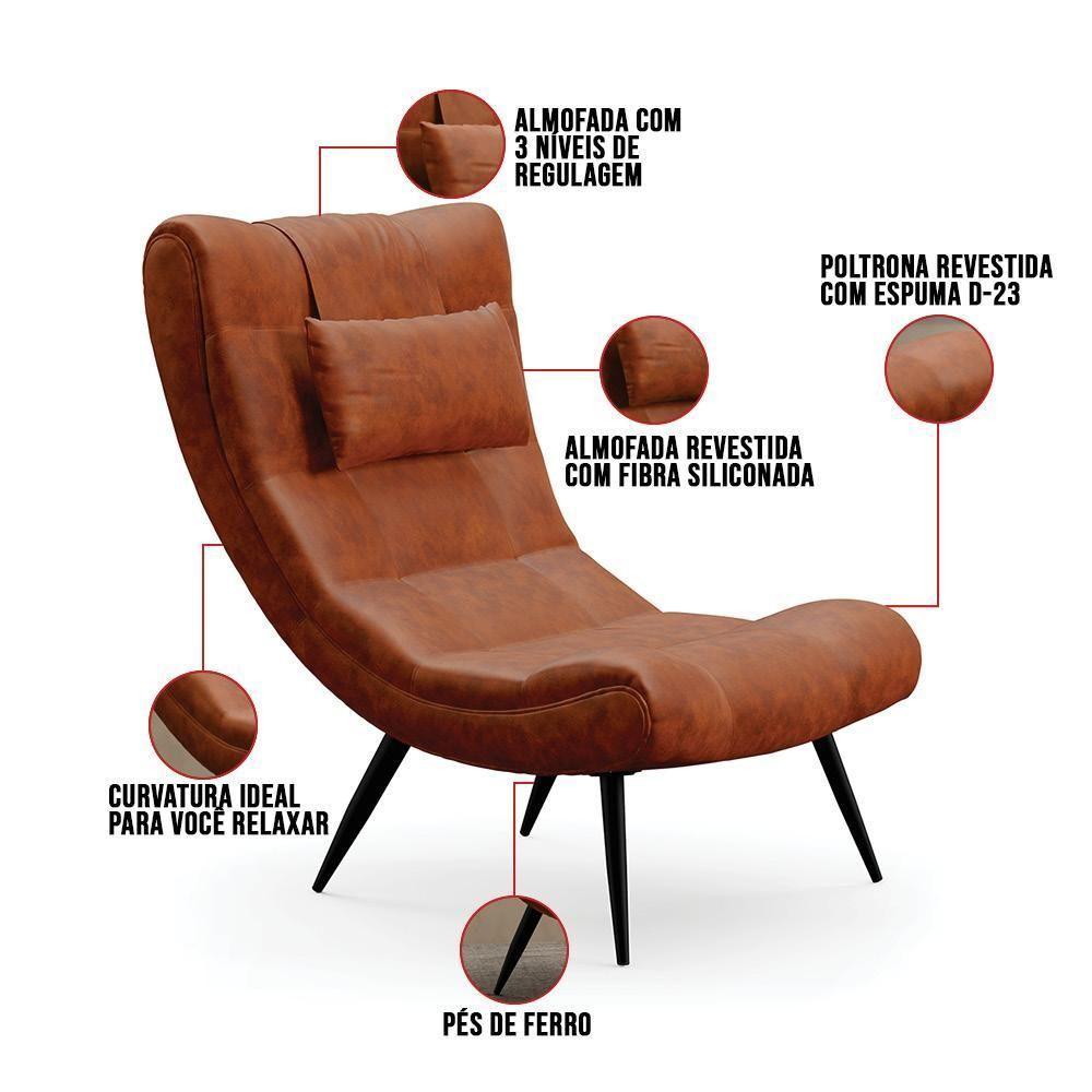 Poltrona Decorativa Para Sala De Estar Com Almofada E Pés Palito Lord Sintético Nozes - Ibiza - 3