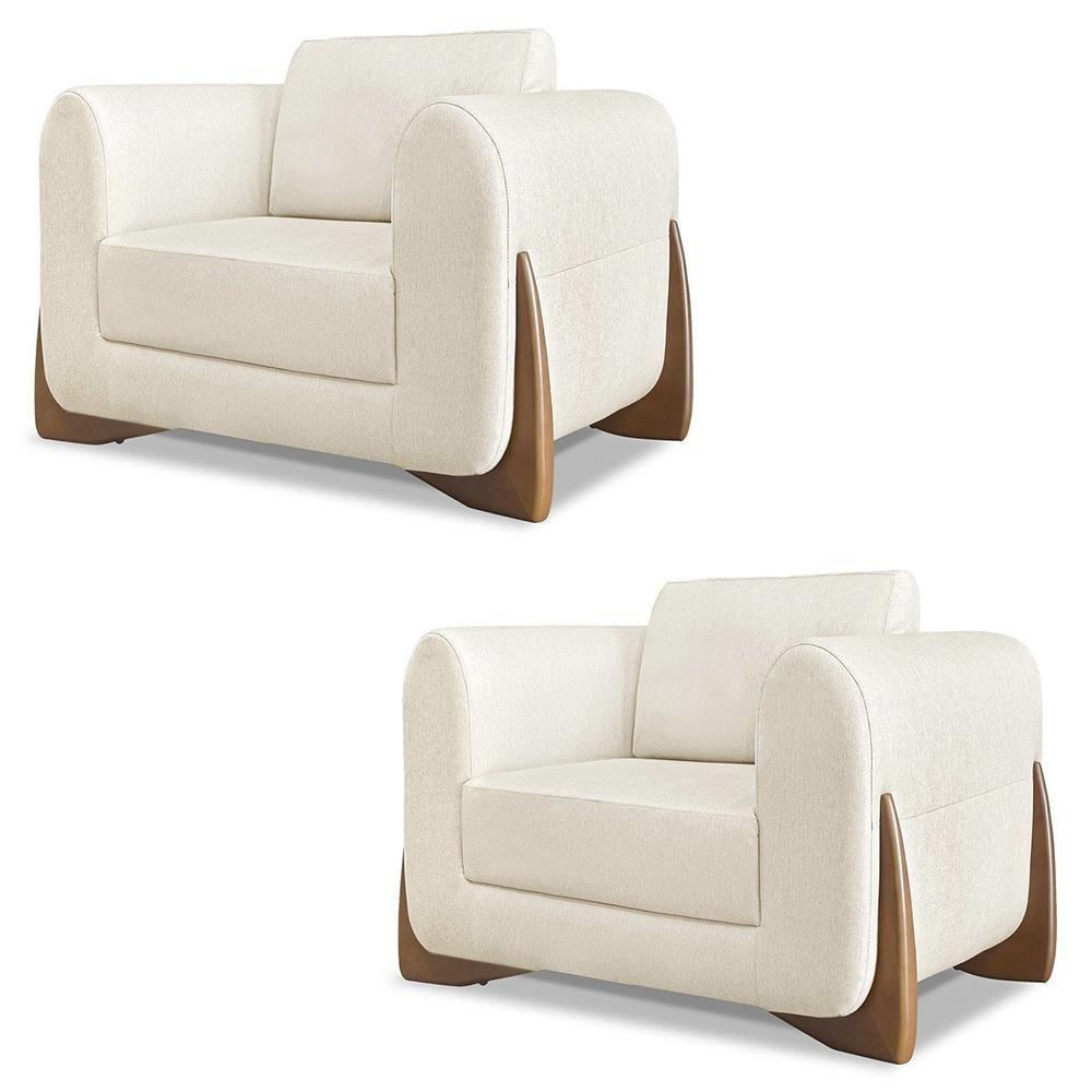 Poltrona Para Sala Base De Madeira Kit 2 Izzy S06 Linho Natural - Mpozenato - 1