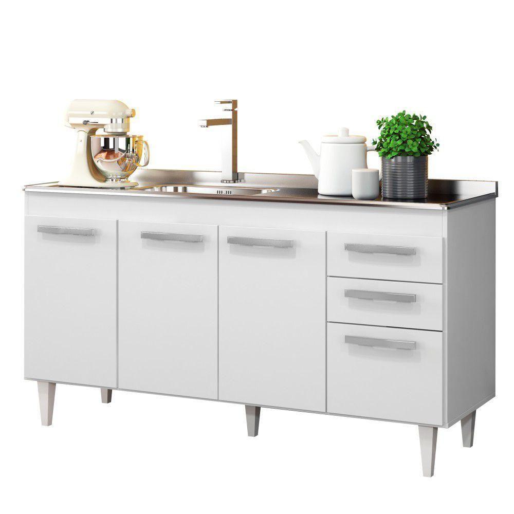 Balcão Gabinete Com Pia Inox 150cm Lisboa - Lumil Móveis Branco - 2