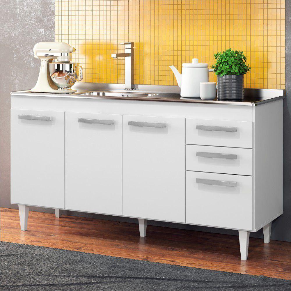 Balcão Gabinete Com Pia Inox 150cm Lisboa - Lumil Móveis Branco - 5