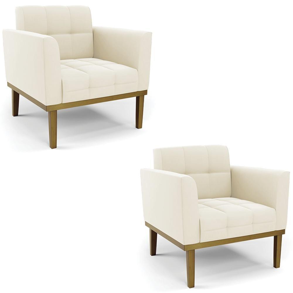 Poltrona Base Madeira Castanho Kit 2 Ana Veludo Bege - Ibiza - 1