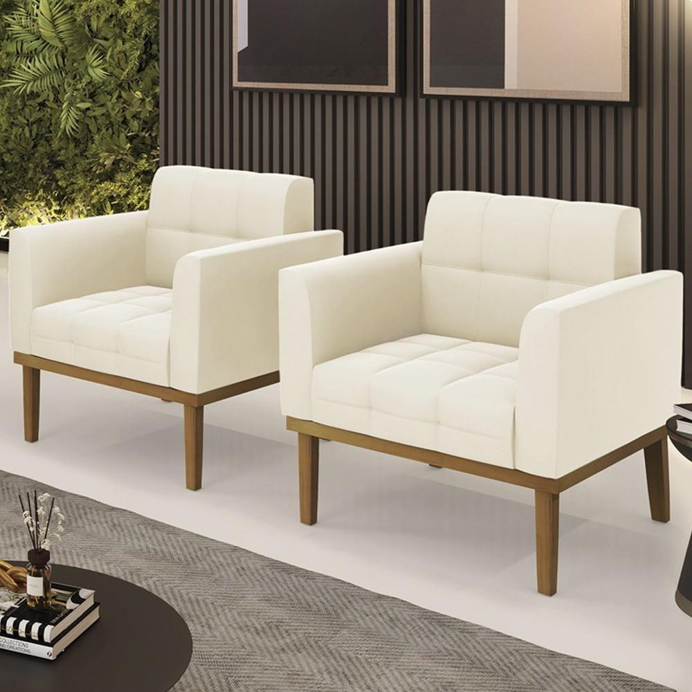 Poltrona Base Madeira Castanho Kit 2 Ana Veludo Bege - Ibiza - 2