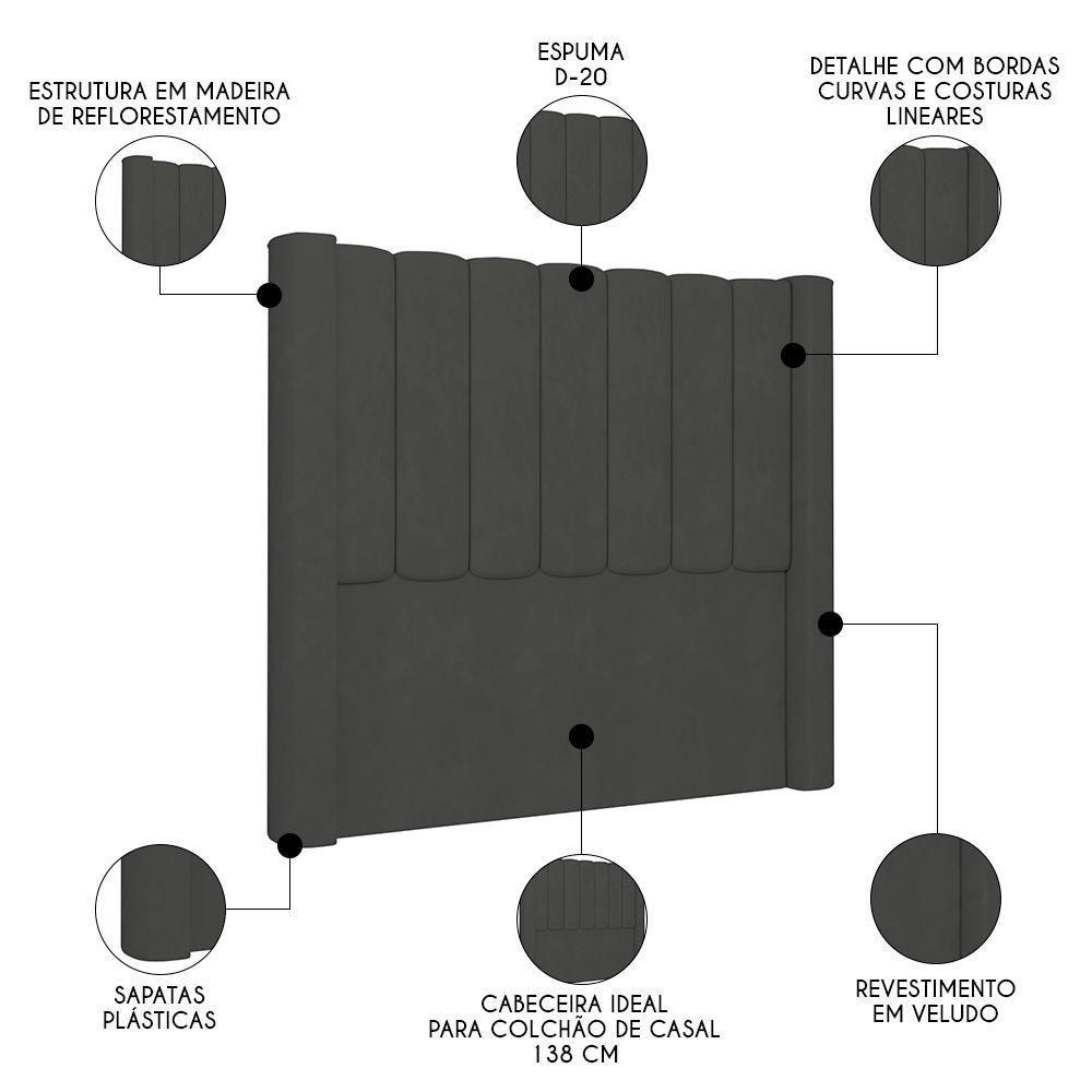 Cabeceira Casal Cama Box 140cm Claire I02 Veludo Chumbo - Mpozenato - 3