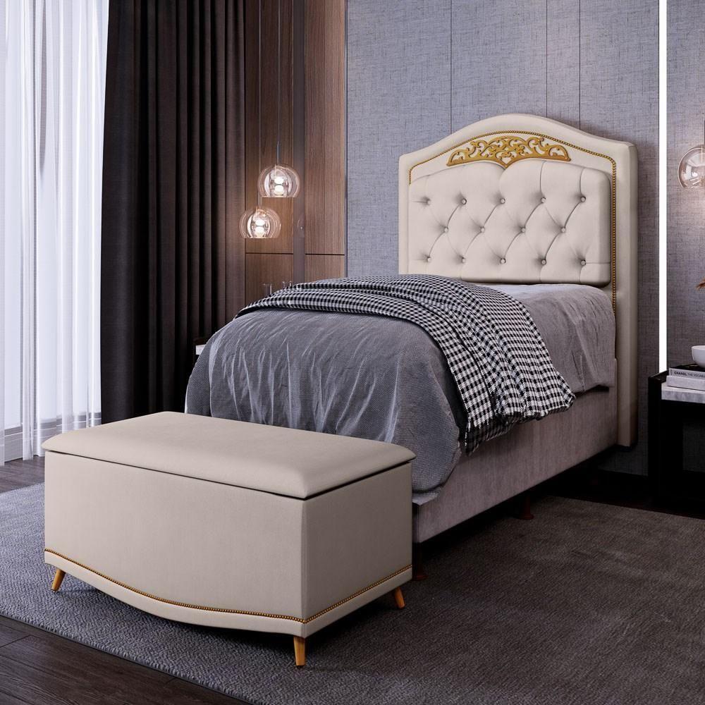 Cabeceira Cama Box Solteiro 90cm Com Calçadeira Baú Imperial J02 Veludo Bege - Mpozenato - 4