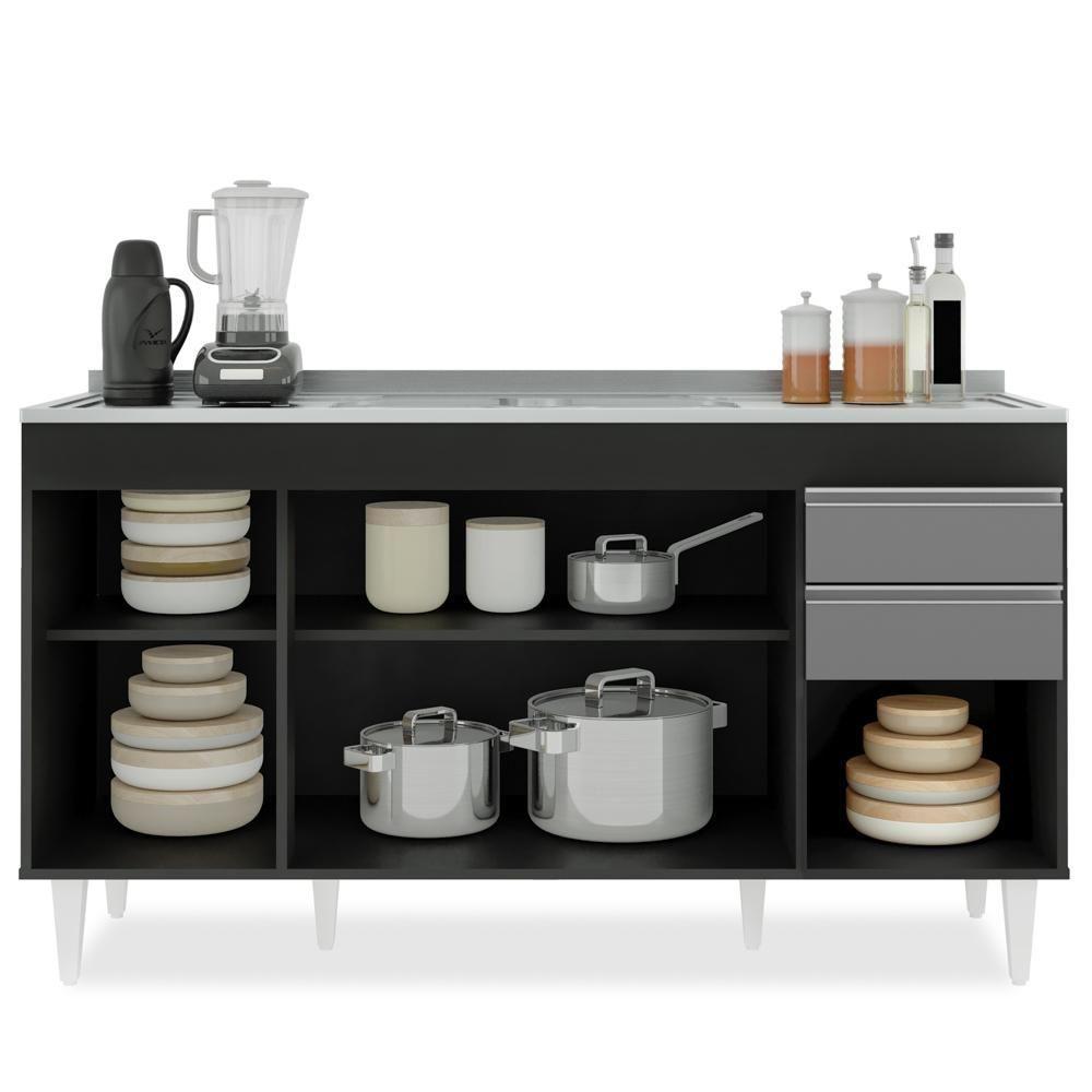 Balcão Gabinete Com Pia Inox 150cm Marrocos Preto-cinza - Lumil - 3