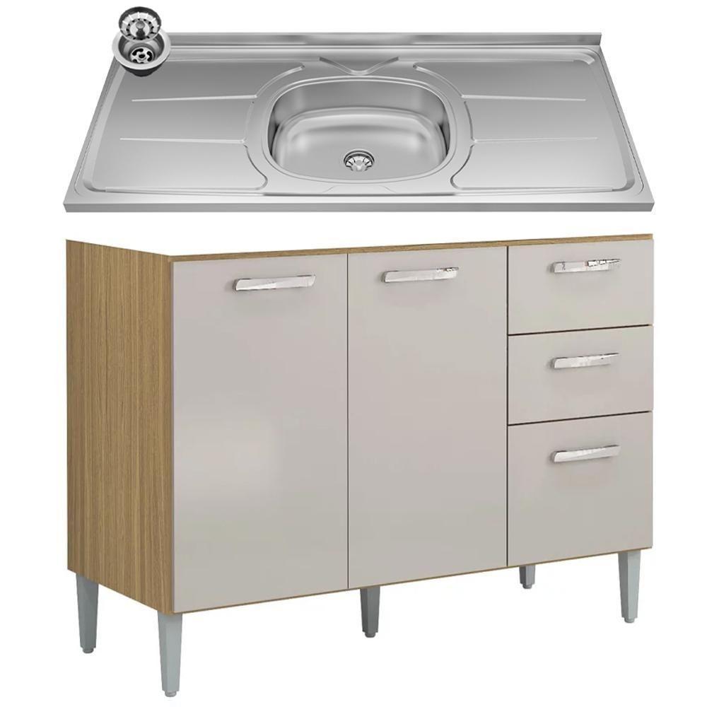 Balcão De Cozinha Com Pia Inox 120cm 3 Portas 2 Gavetas Livy P11 Damasco-off White - Mpozenato - 1