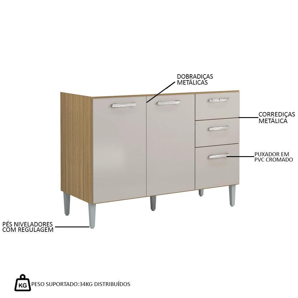 Balcão De Cozinha Com Pia Inox 120cm 3 Portas 2 Gavetas Livy P11 Damasco-off White - Mpozenato - 4