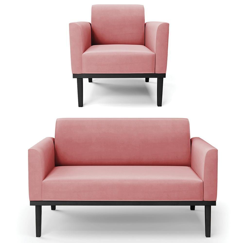 Sofá Namoradeira E 1 Poltrona Base Madeira Preto Maressa Suede Rosê - Ibiza - 1
