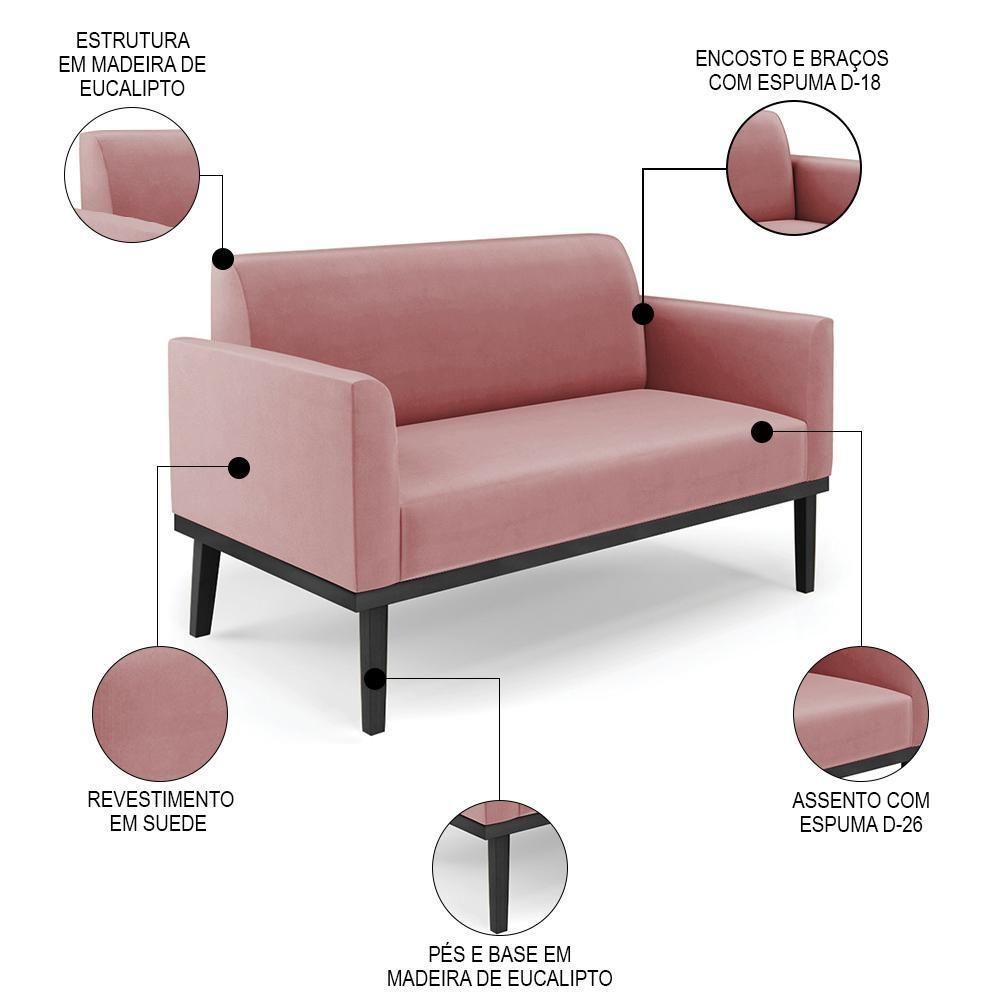 Sofá Namoradeira E 1 Poltrona Base Madeira Preto Maressa Suede Rosê - Ibiza - 4