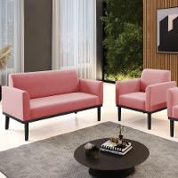 Sofá Namoradeira E 1 Poltrona Base Madeira Preto Maressa Suede Rosê - Ibiza - 2