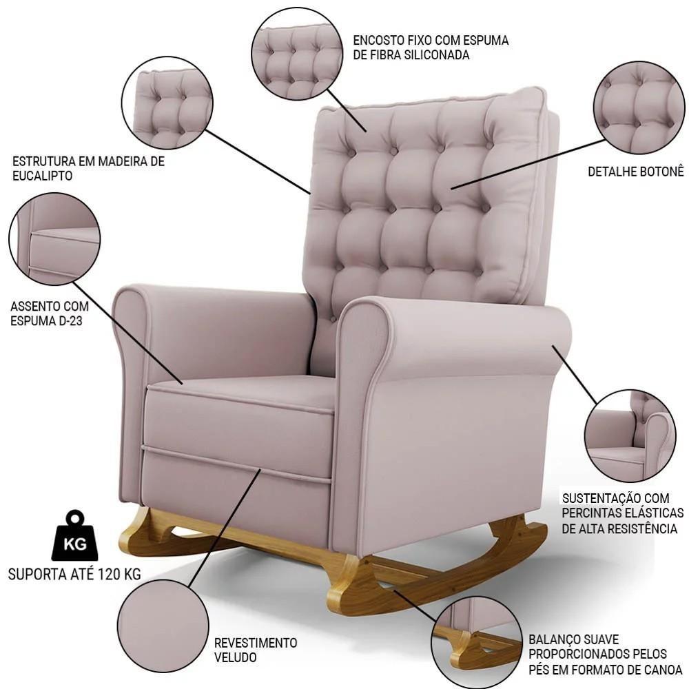Kit 02 Poltronas De Amamentação Base Madeira Balanço Brenda G05 Veludo Rosê - Mpozenato - 3