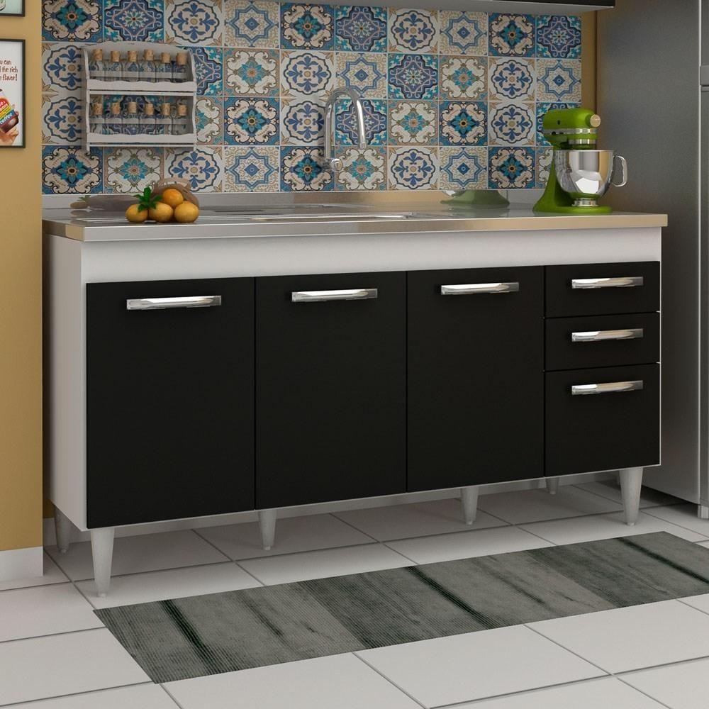 Balcão Gabinete áustria Com Pia Inox 160cm 4 Portas Branco-preto - Lumil Móveis - 2