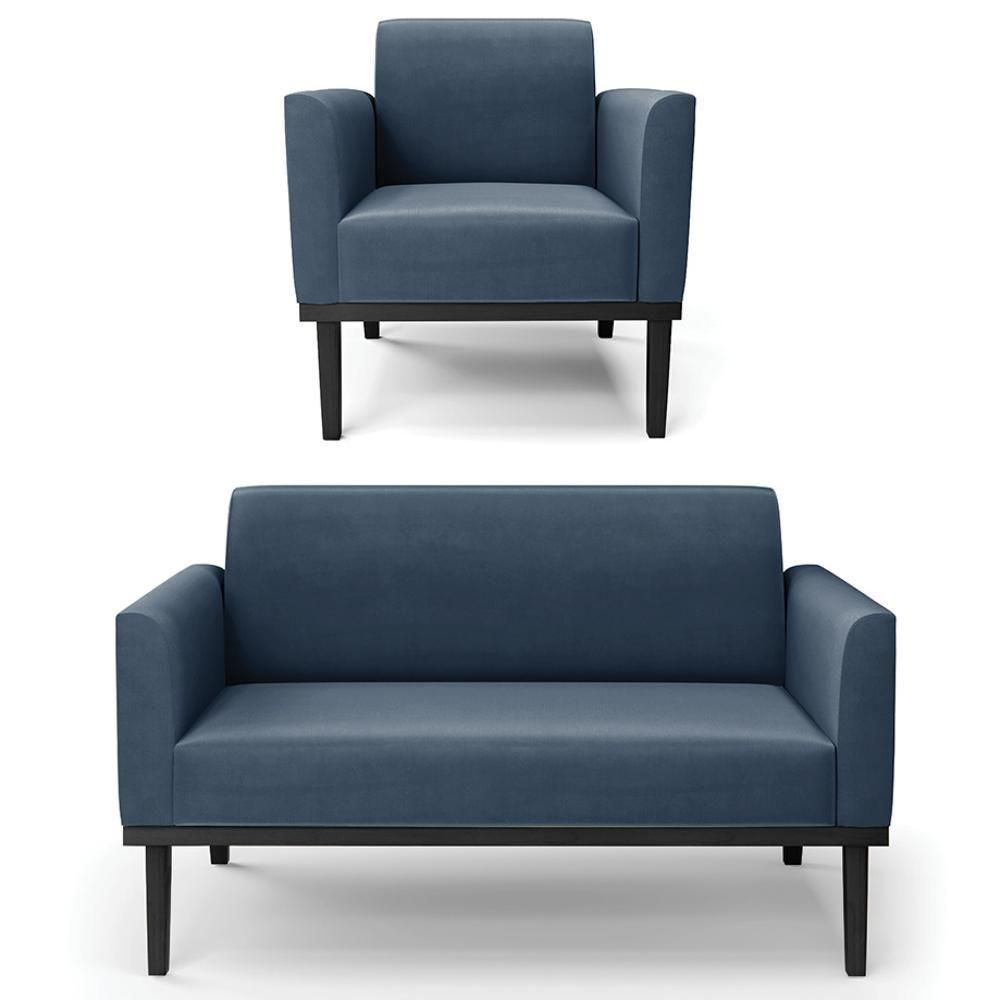 Sofá Namoradeira E 1 Poltrona Base Madeira Preto Maressa Suede Azul Marinho - Ibiza - 1
