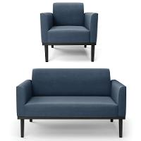 Sofá Namoradeira E 1 Poltrona Base Madeira Preto Maressa Suede Azul Marinho - Ibiza - 1