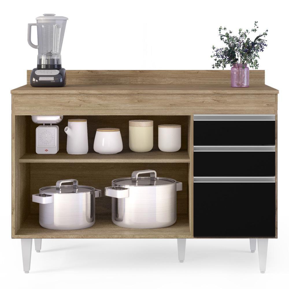 Balcão Gabinete Para Pia Com Tampo 120cm Michigan Cast-preto - Lumil - 3