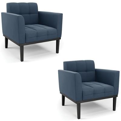 Kit 2 Poltronas Ana Para Sala Suede Azul Madeira Base Preta Ibiza