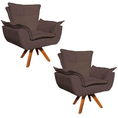 Kit 2 Poltronas Decorativas Opla Base Giratória Suede Marrom Ibiza