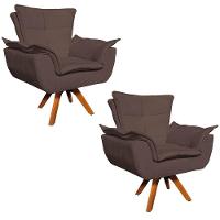 Kit 2 Poltronas Decorativas Sala De Estar Base Giratória Madeira Opla Suede Marrom - Ibiza - 1