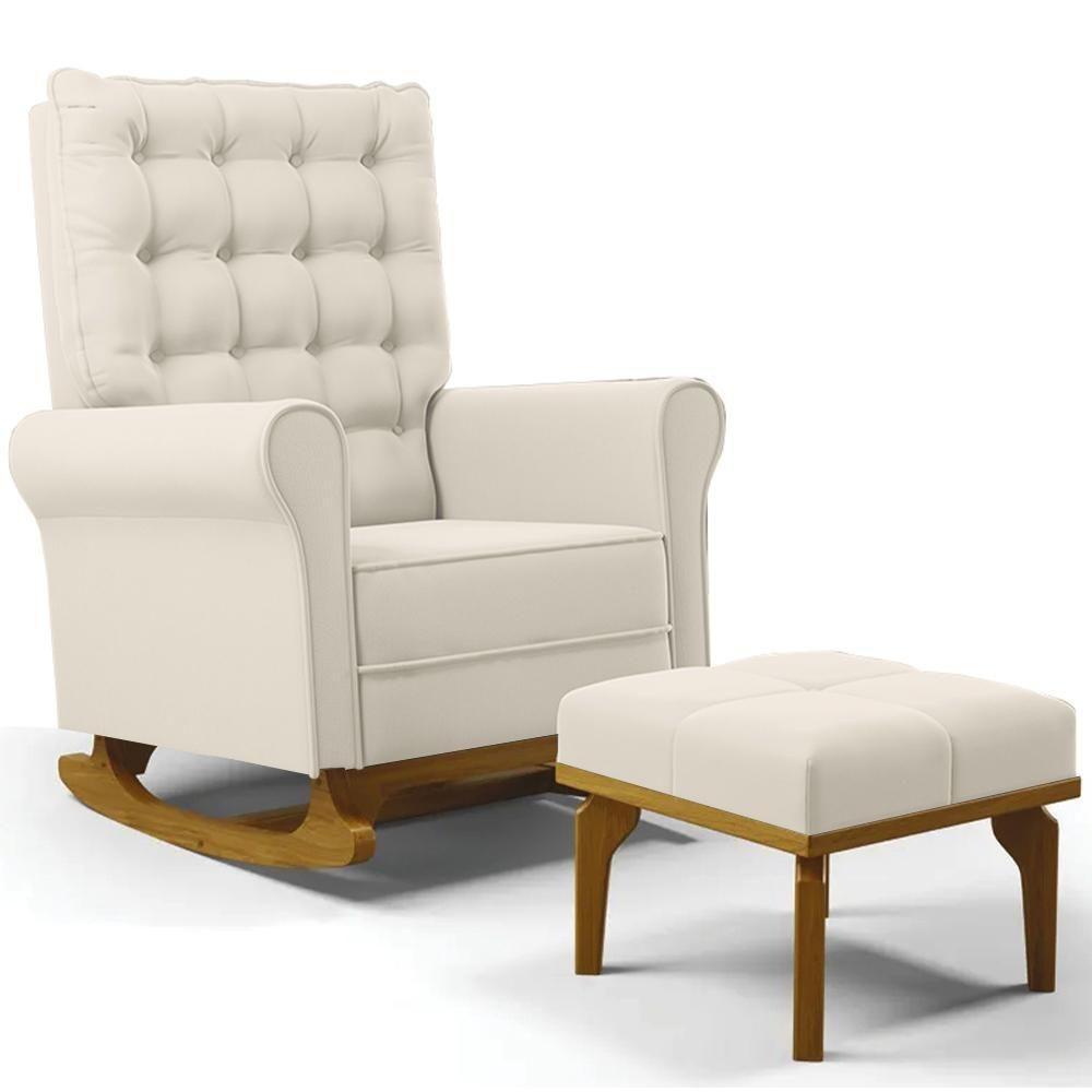 Poltrona De Amamentação Balanço E Puff Base De Madeira Brenda G05 Veludo Creme - Mpozenato - 1