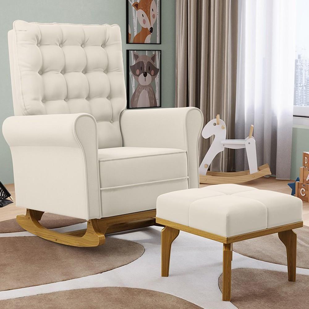 Poltrona De Amamentação Balanço E Puff Base De Madeira Brenda G05 Veludo Creme - Mpozenato - 2