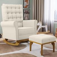 Poltrona De Amamentação Balanço E Puff Base De Madeira Brenda G05 Veludo Creme - Mpozenato - 2