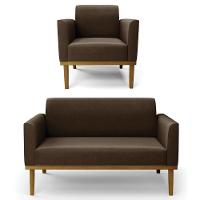 Sofá Namoradeira E 1 Poltrona Base Madeira Castanho Maressa Suede Marrom - Ibiza - 1