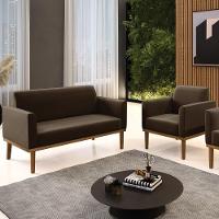 Sofá Namoradeira E 1 Poltrona Base Madeira Castanho Maressa Suede Marrom - Ibiza - 2