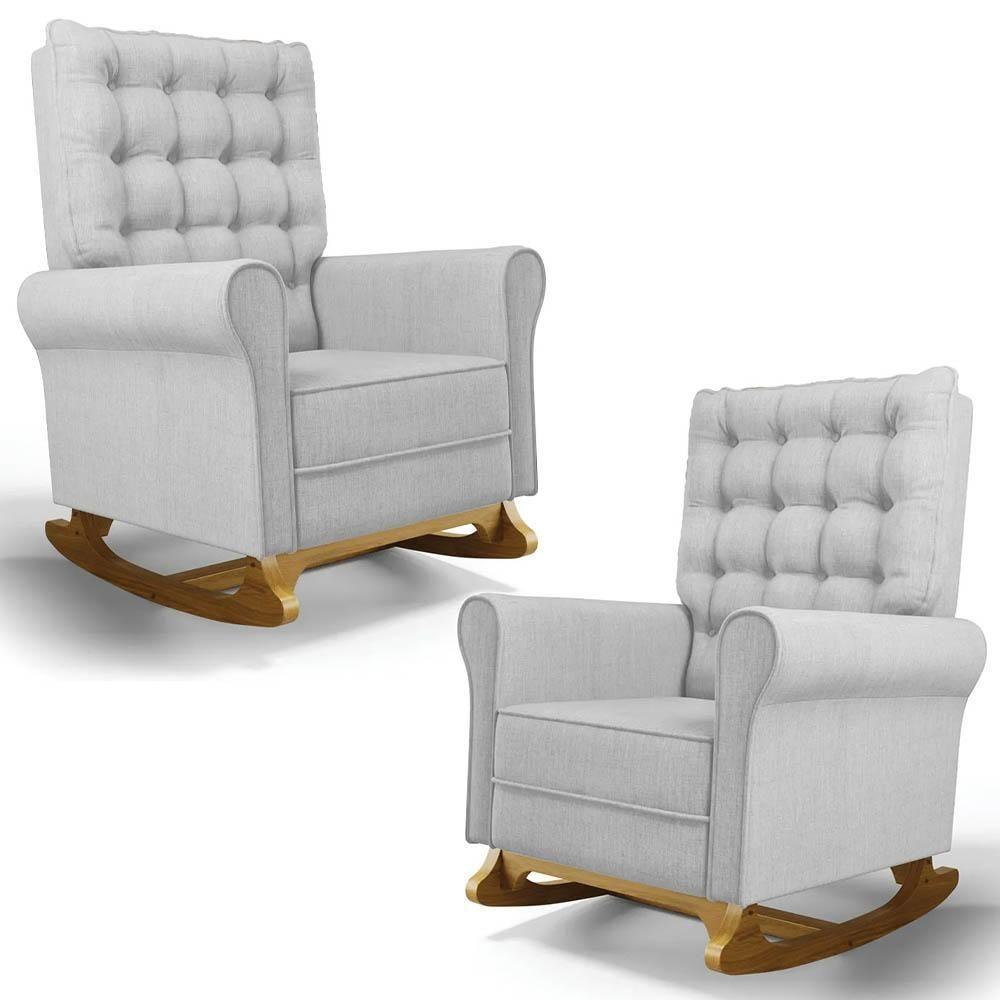Kit 02 Poltronas De Amamentação Base Madeira Balanço Brenda G05 Linho Cinza Claro - Mpozenato - 1