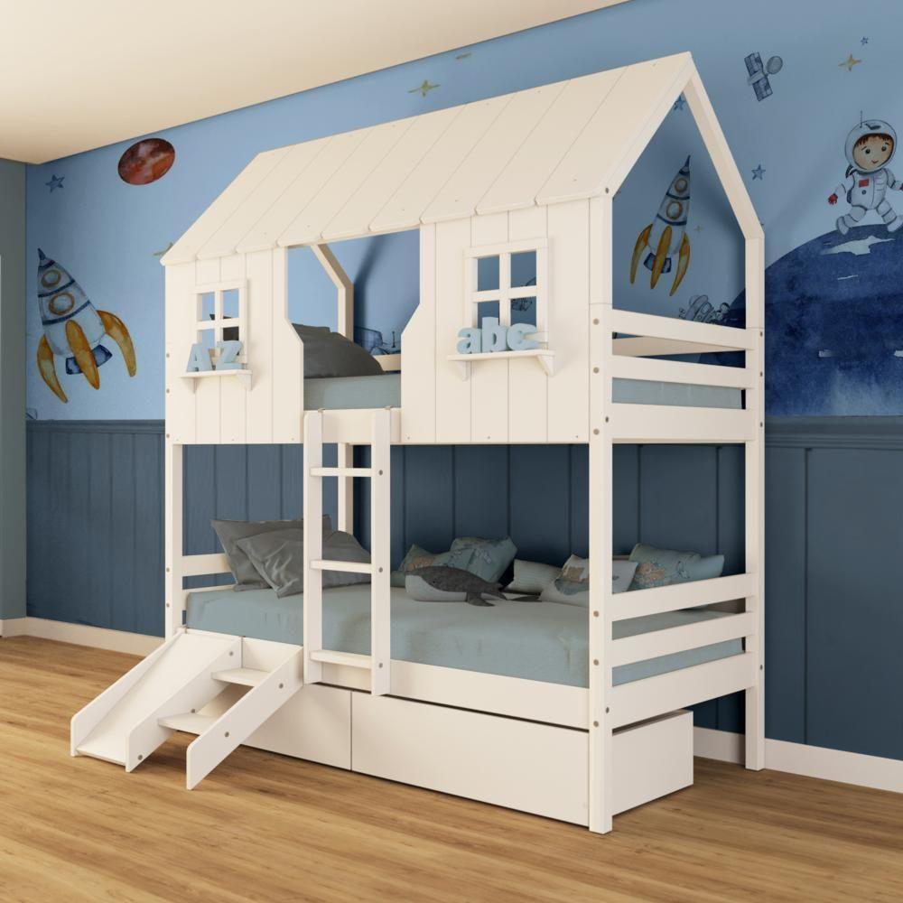 Beliche Casinha Encantada Com 02 Gavetas Kit Escada/ Escorregador Madeira Maciça Branco Megamobilia - 1