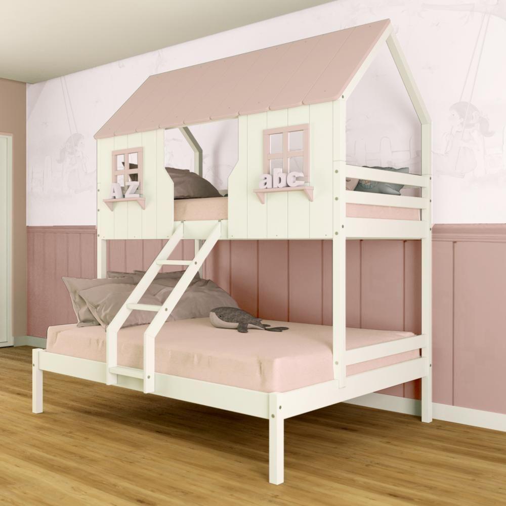 Beliche Casal/ Solteiro Casinha Encantada Madeira Maciça Branco/ Rosa Megamobilia - 1