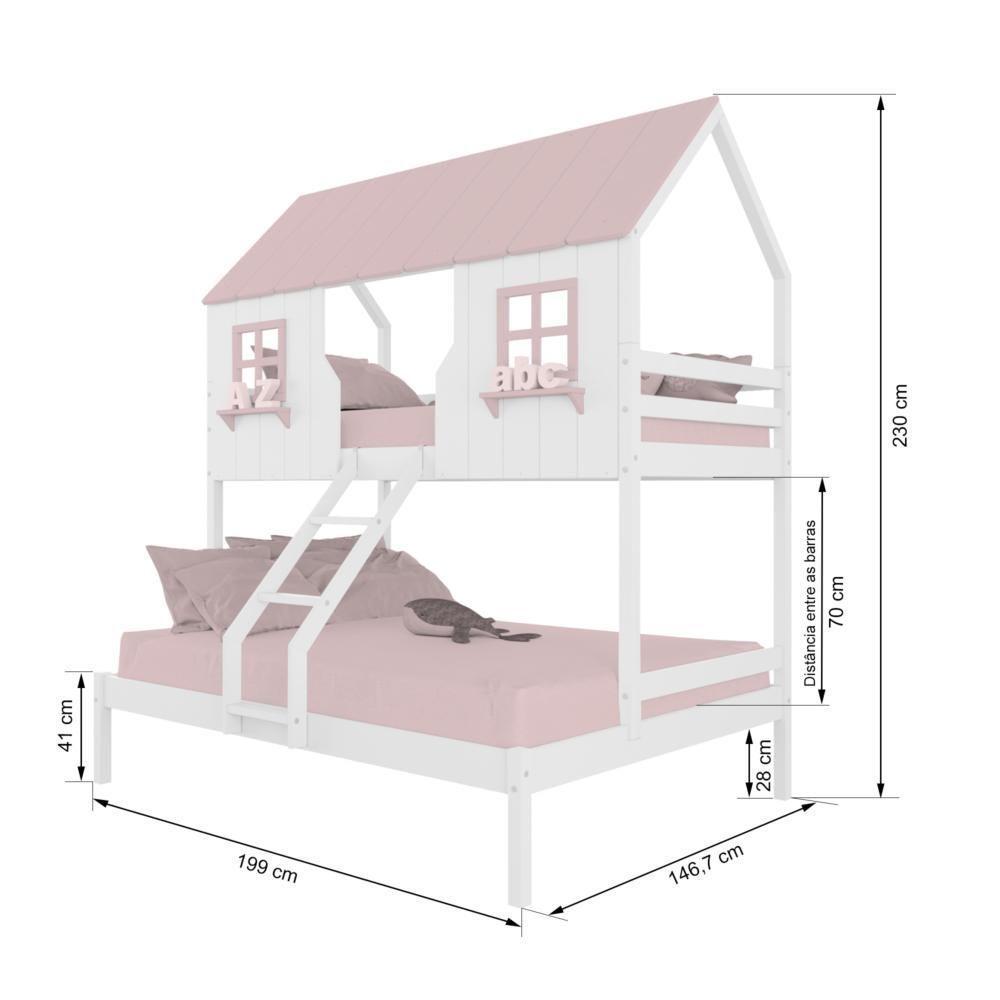 Beliche Casal/ Solteiro Casinha Encantada Madeira Maciça Branco/ Rosa Megamobilia - 3