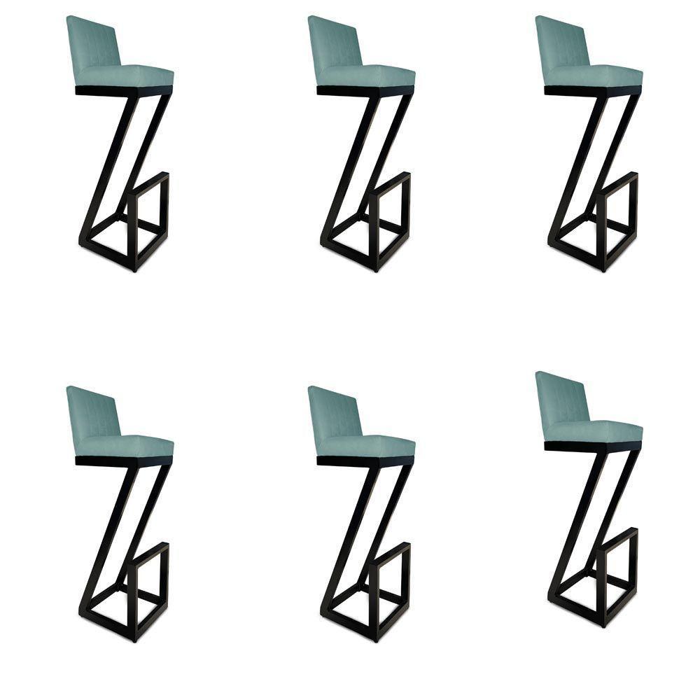 Kit 06 Banqueta Alta Z Base De Ferro Suede Azul Tiffany D'classe Decor - 1