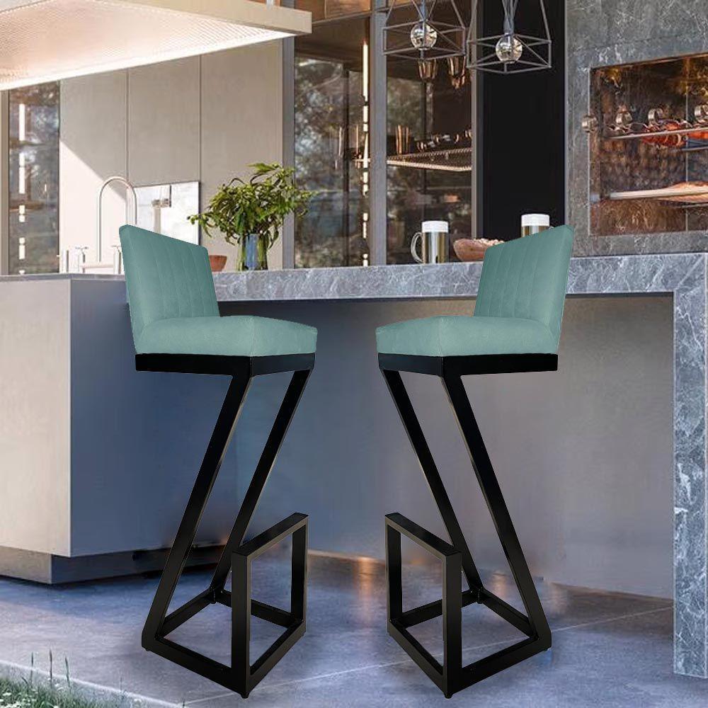 Kit 06 Banqueta Alta Z Base De Ferro Suede Azul Tiffany D'classe Decor - 6