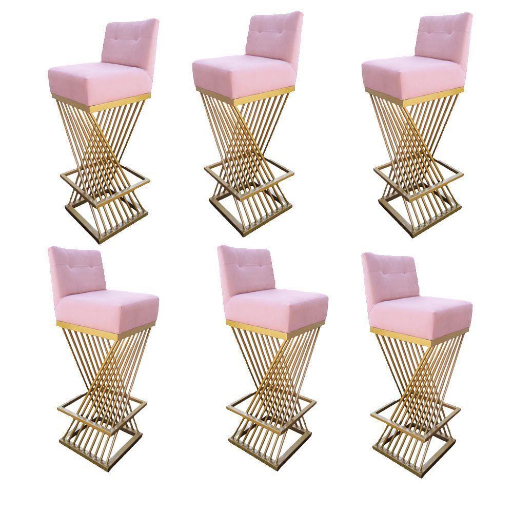 Kit 06 Banquetas Luma Base De Ferro Sued Rosa Bebê D'classe Decor - 1