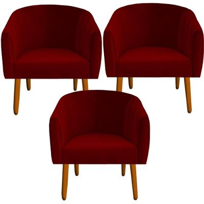 Kit 03 Poltrona Julia Decoração Salão Cadeira Escritório Recepção Estar Amamentação Suede Vermelho D'classe Decor