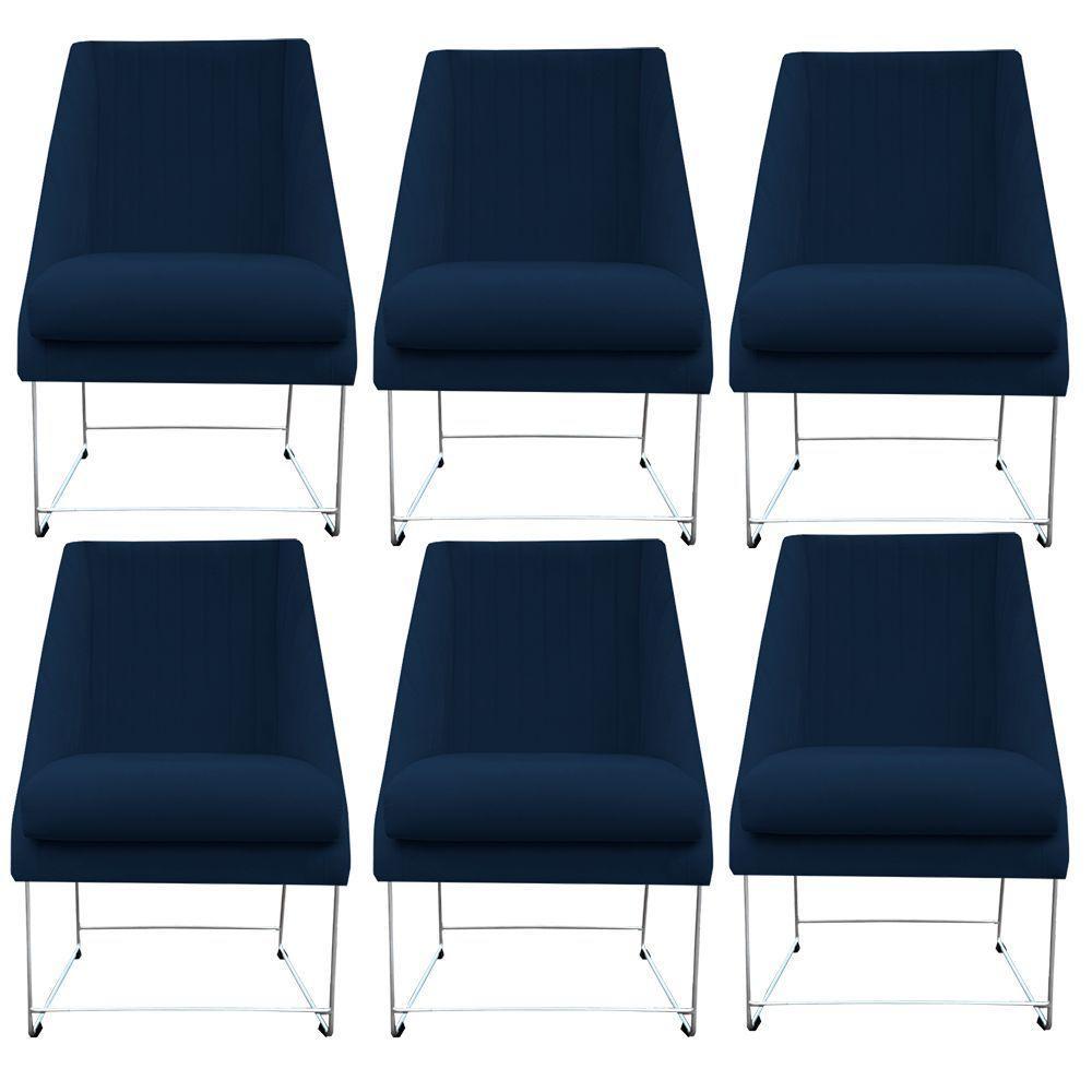 Kit 06 Cadeiras Ana Base De Ferro Prata Suede Azul Marinho D'classe Decor - 1