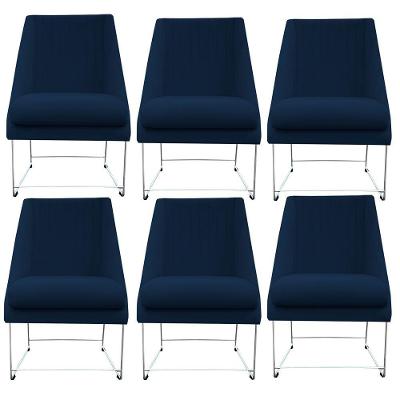 Kit 06 Cadeiras Ana Base De Ferro Prata Suede Azul Marinho D'classe Decor