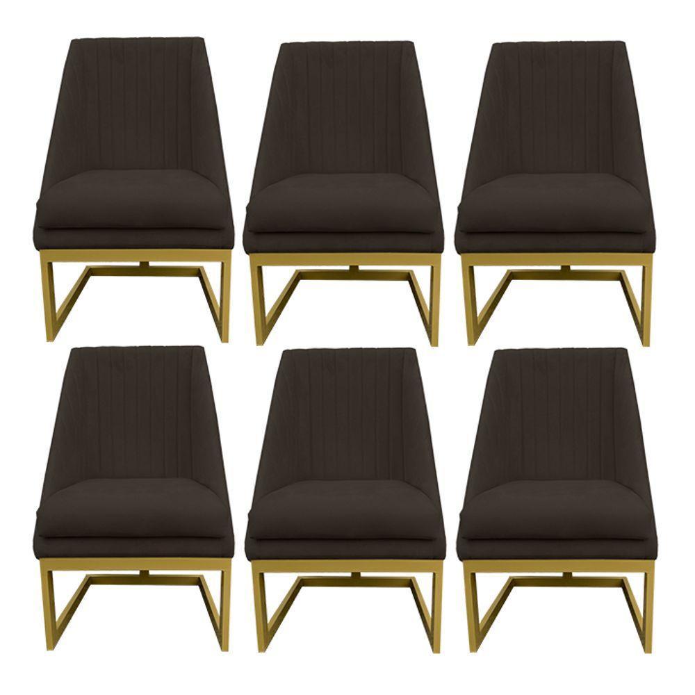 Kit 06 Cadeiras Para Sala De Jantar Ana Base De Ferro Suede Marrom D'classe Decor - 1