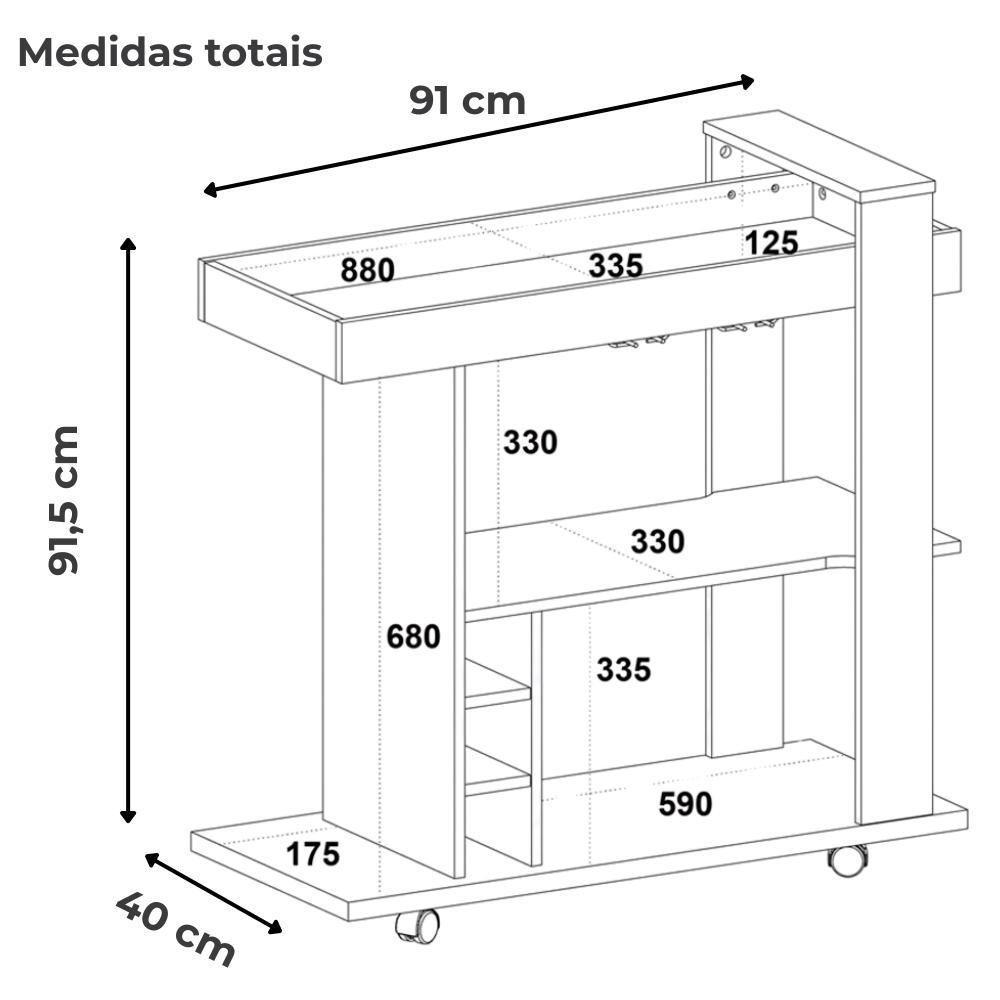 Carrinho Bar Com Rodízios 91 Cm Tampo Espelhado Off White Arly - 3