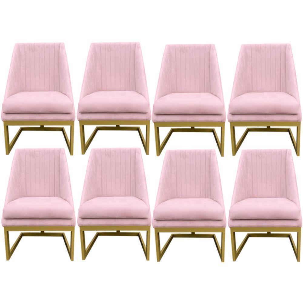 Kit 08 Cadeiras Para Sala De Jantar Ana Base De Ferro Suede Rosa Bebê D'classe Decor - 1