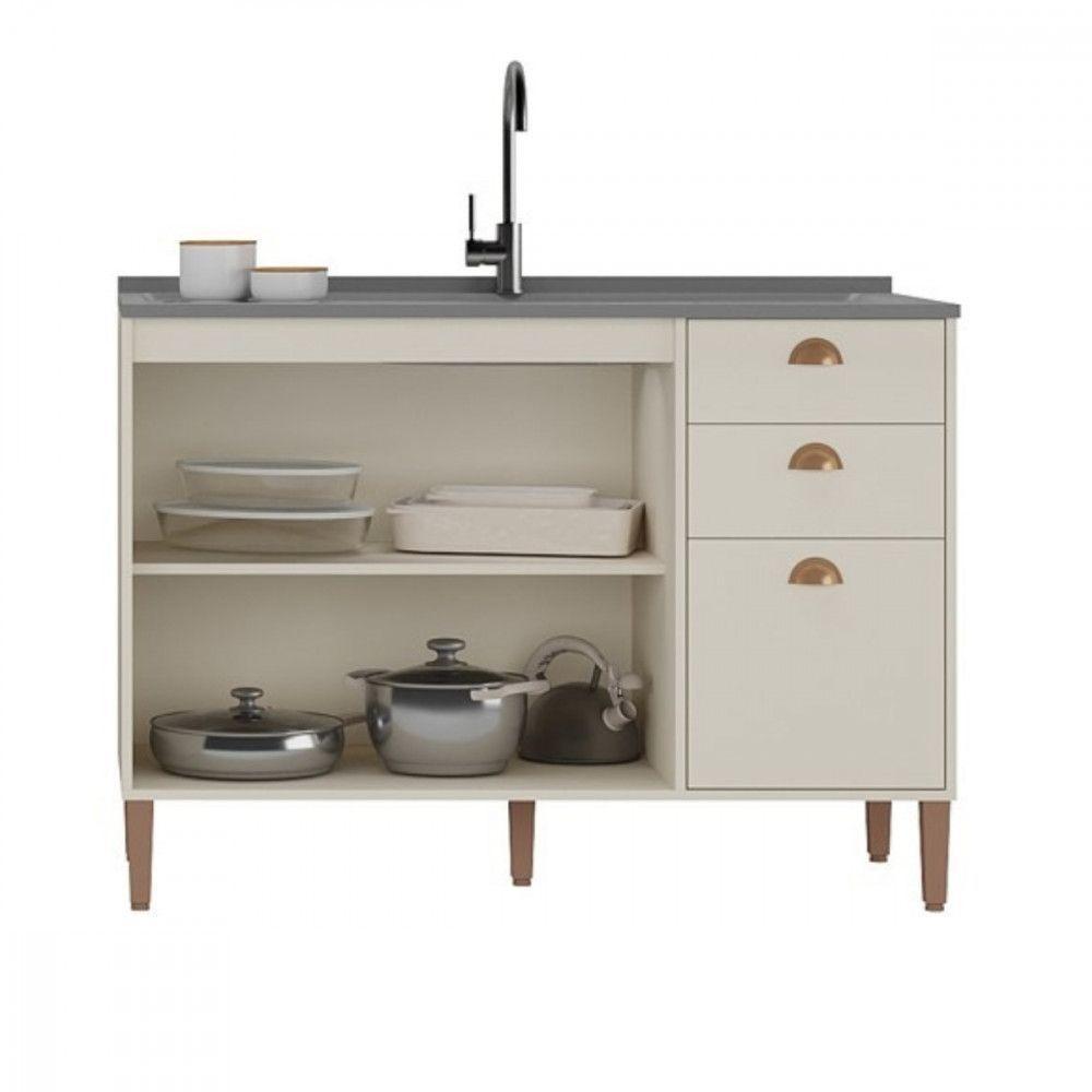 Balcão Sem Tampo 1,20 Tunisia 3 Portas 2 Gavetas Off White Com Canelato - 2