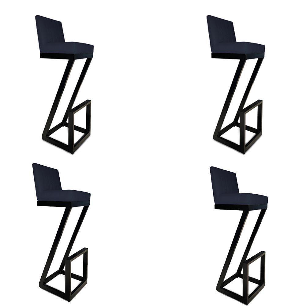 Kit 04 Banqueta Alta Z Base De Ferro Suede Azul Marinho D'classe Decor - 1