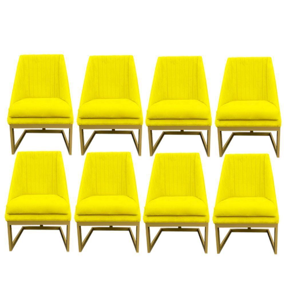 Kit 08 Cadeiras Para Sala De Jantar Ana Base De Ferro Suede Amarelo D'classe Decor - 1