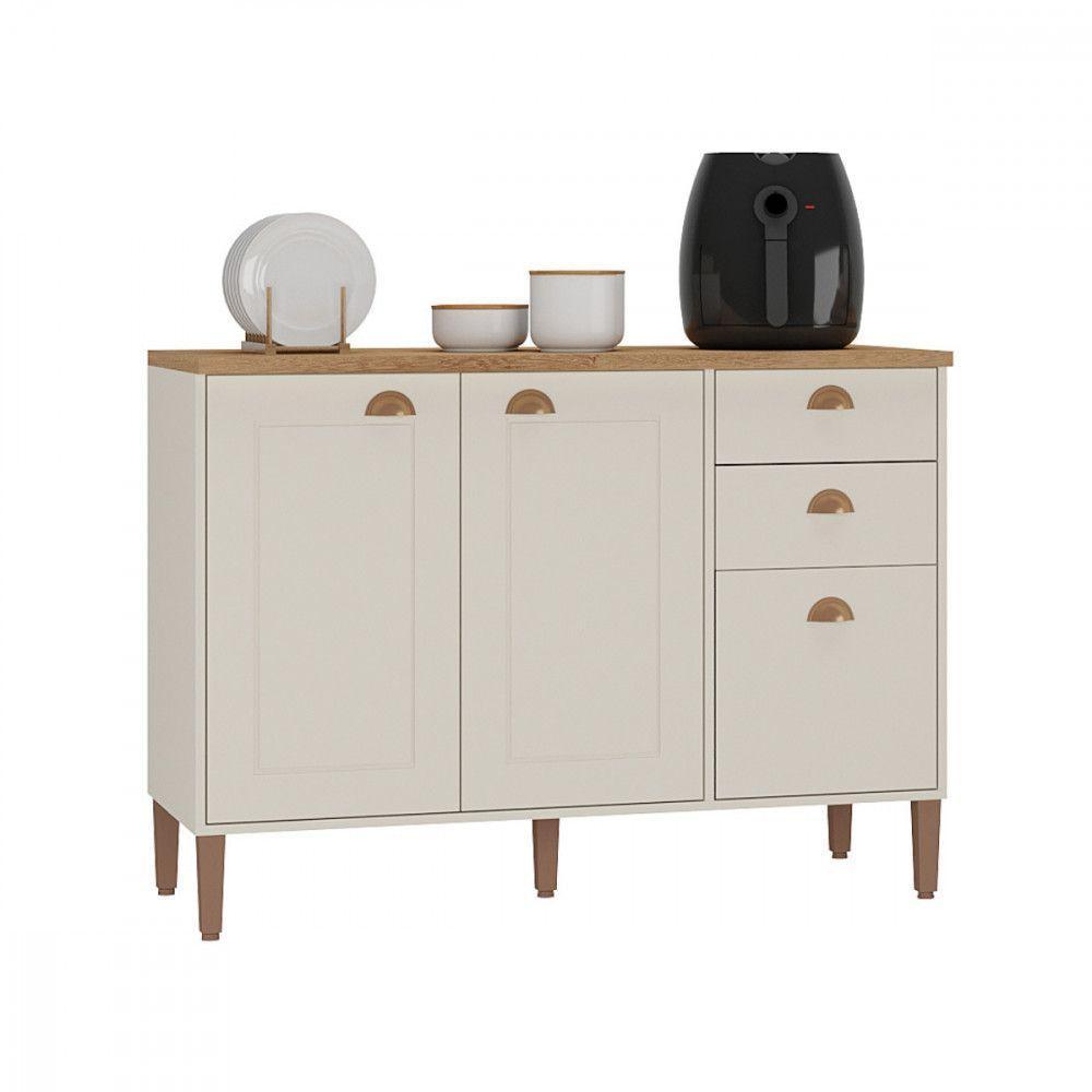 Balcão Com Tampo 1,20 Tunisia 3 Portas 2 Gavetas Off White Com Canelato - 1