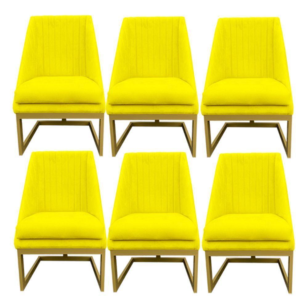 Kit 06 Cadeiras Para Sala De Jantar Ana Base De Ferro Suede Amarelo D'classe Decor - 1